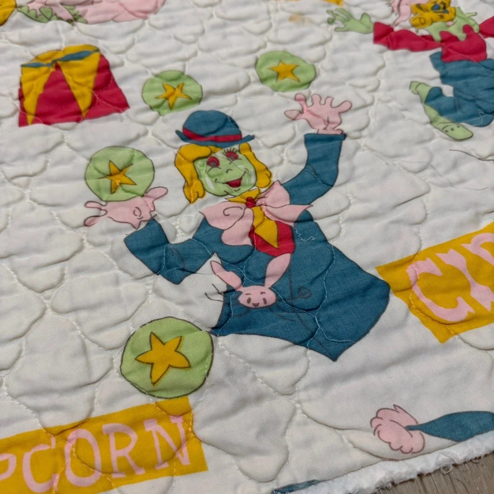 Vintage Circus Clown Baby Quilt Blanket White Multicolor 51x41 1970s 1980s